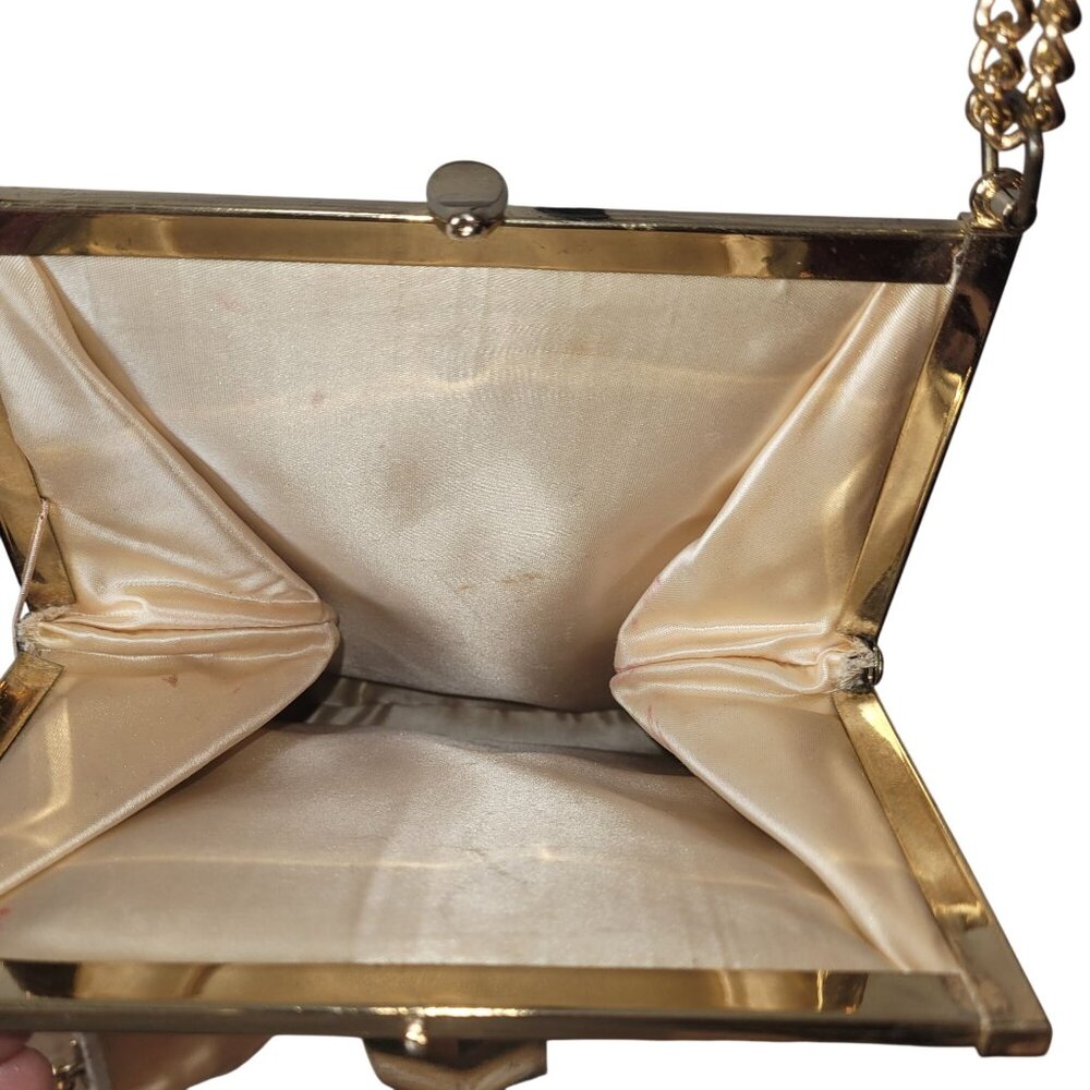 Vintage Gold Evening Bag With Chain Strap & Triangular Front Plate Satin Lined C - Picture 13 of 16